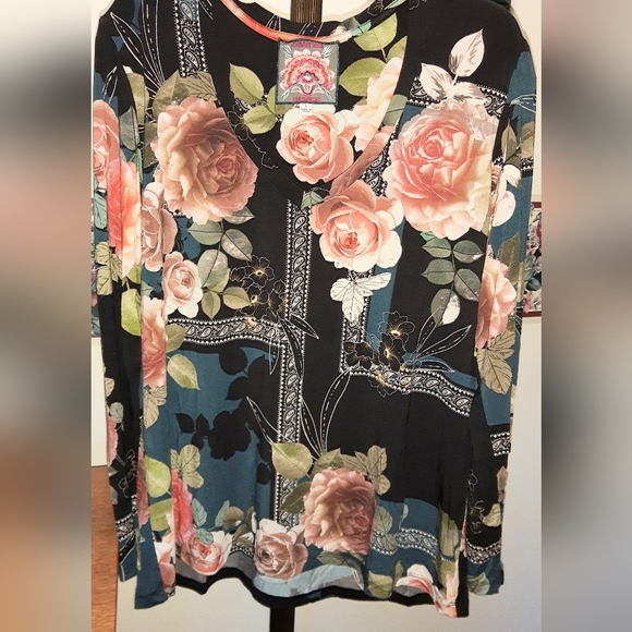 Nice sz L JOHNNY WAS ROSABEL FAVORITE LONG SLEEVE T Shirt Floral Boho Top - Picture 1 of 10